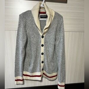 Amnesia Wool Gray Cardigan with Cream and Red Stripe Design size L